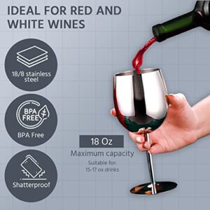 Stainless Steel Wine Glass - 18 oz – Includes 4 Accessories Wine Opener, Wine Pourer, Wine Ring and Corkscrew – Unbreakable - Metallic Wine Glasses - Stainless Steel Goblet – For All Occasions