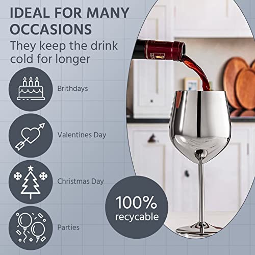Stainless Steel Wine Glass - 18 oz – Includes 4 Accessories Wine Opener, Wine Pourer, Wine Ring and Corkscrew – Unbreakable - Metallic Wine Glasses - Stainless Steel Goblet – For All Occasions
