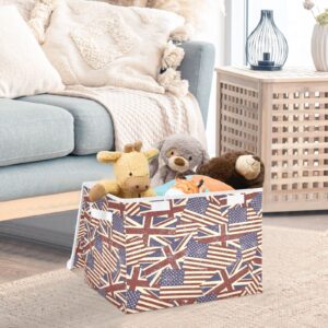 Vnurnrn Collapsible Storage Bin with Lid (British Usa Flag), Foldable Storage Basket Cube for Clothes Toys 16.5×12.6×11.8 Inches