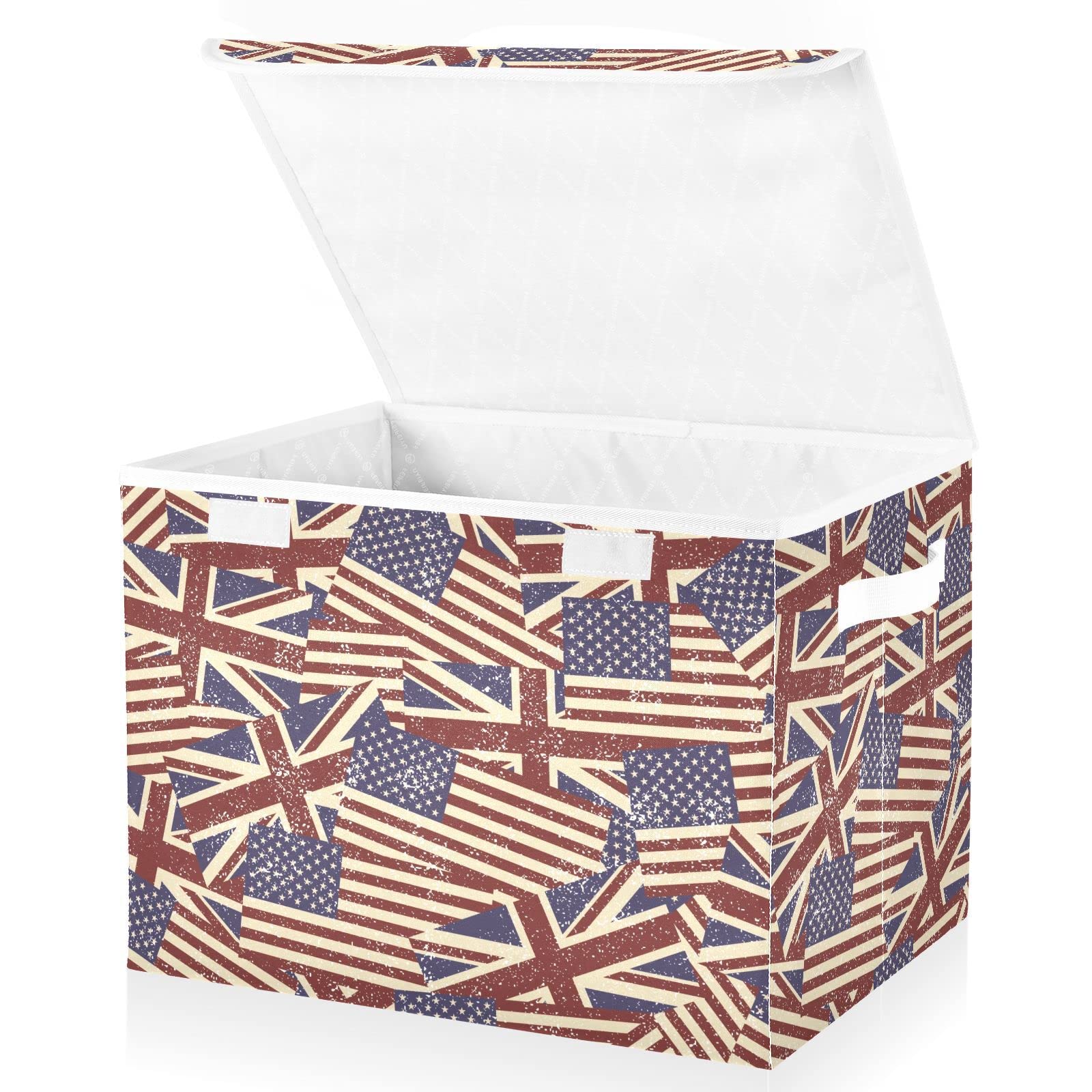 Vnurnrn Collapsible Storage Bin with Lid (British Usa Flag), Foldable Storage Basket Cube for Clothes Toys 16.5×12.6×11.8 Inches