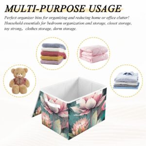 Vnurnrn Collapsible Storage Bin with Lid (Beautiful Lotus), Foldable Storage Boxes Cube with Lid for Clothes Toys 16.5×12.6×11.8 Inch