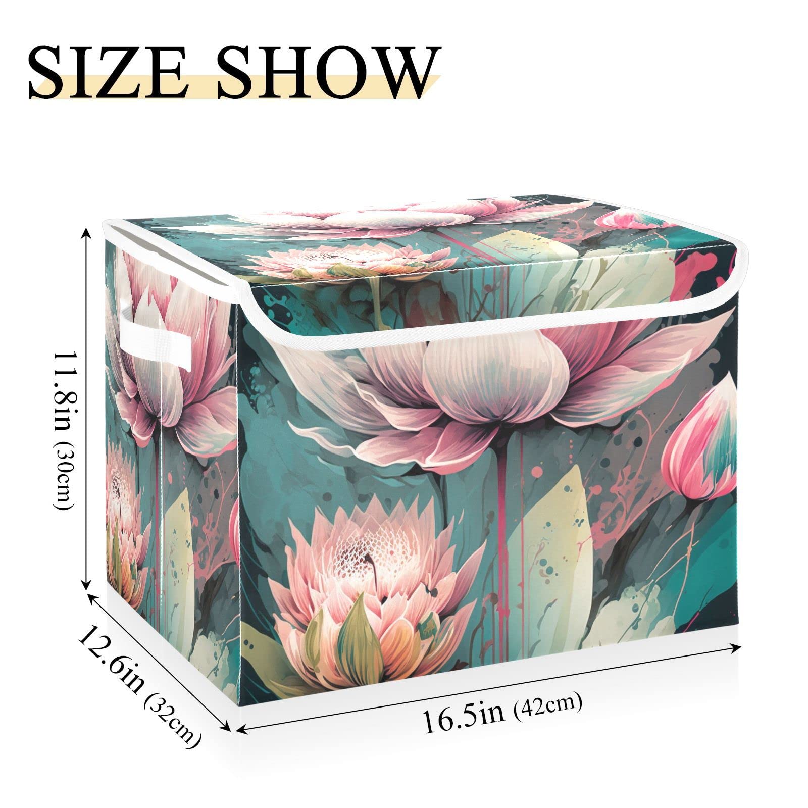 Vnurnrn Collapsible Storage Bin with Lid (Beautiful Lotus), Foldable Storage Boxes Cube with Lid for Clothes Toys 16.5×12.6×11.8 Inch