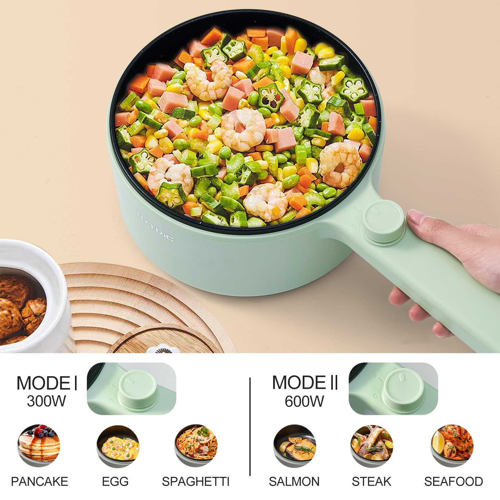 HYTRIC Hot Pot Electric, 1.5L Portable Non-stick Frying Pan, Electric Cooker for Steak, Egg, Pasta, Ramen Cooker with Dual Power Control, Mini Electric Pot for Office, Dorm Room Essential, Green