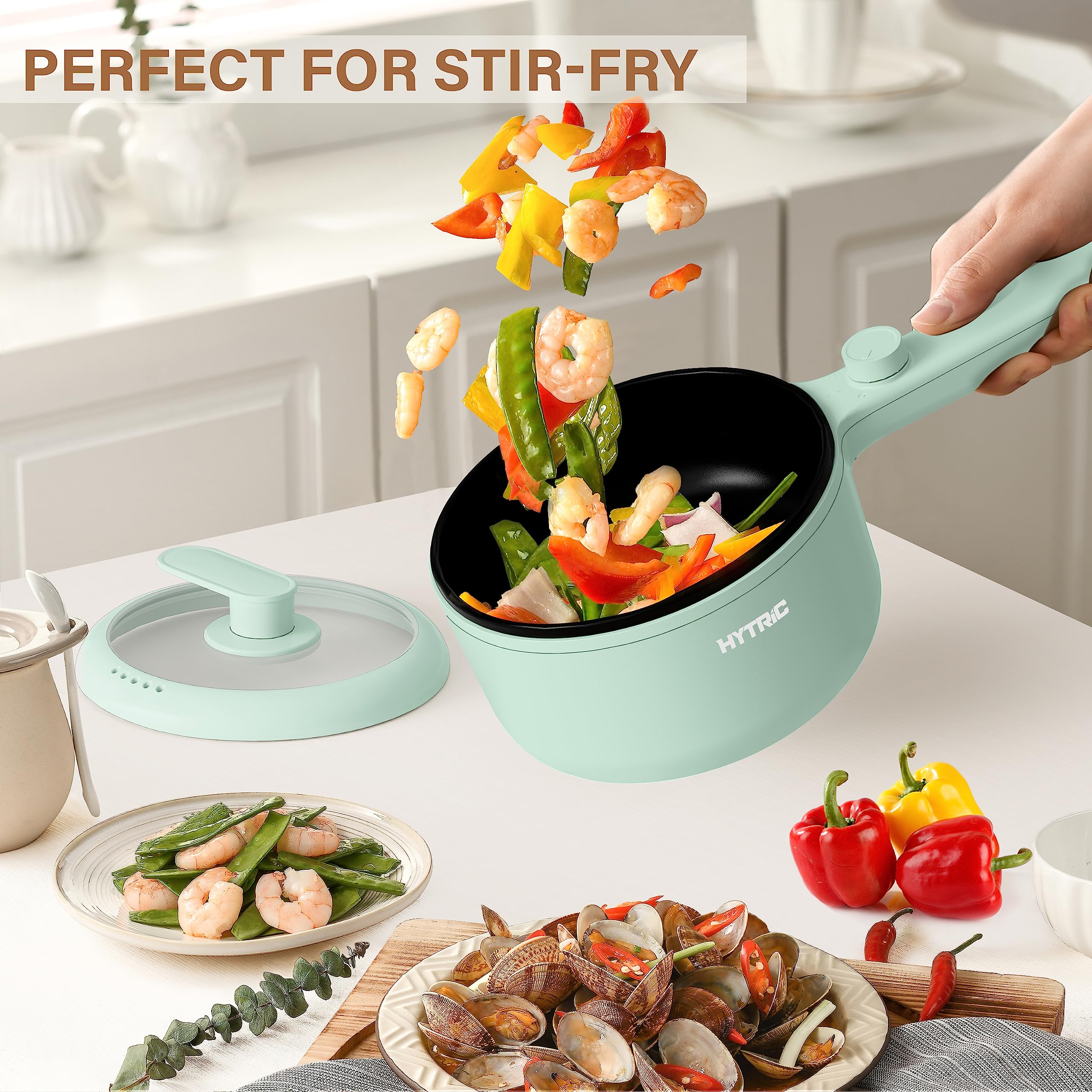 HYTRIC Hot Pot Electric, 1.5L Portable Non-stick Frying Pan, Electric Cooker for Steak, Egg, Pasta, Ramen Cooker with Dual Power Control, Mini Electric Pot for Office, Dorm Room Essential, Green