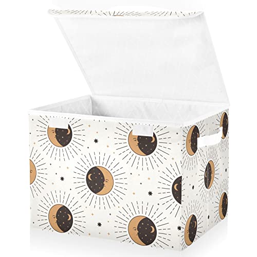 Vnurnrn Collapsible Storage Bin with Lid (Vintage Moon Sun), Foldable Storage Boxes Cube with Lid for Clothes Toys 16.5×12.6×11.8 Inch