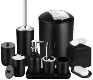 gmiting black bathroom accessories set, 10 pcs bathroom accessory set with trash can, soap dispenser and toothbrush holder, soap dish, cotton ball & qtip holder, toilet brush holder, tissue box cover
