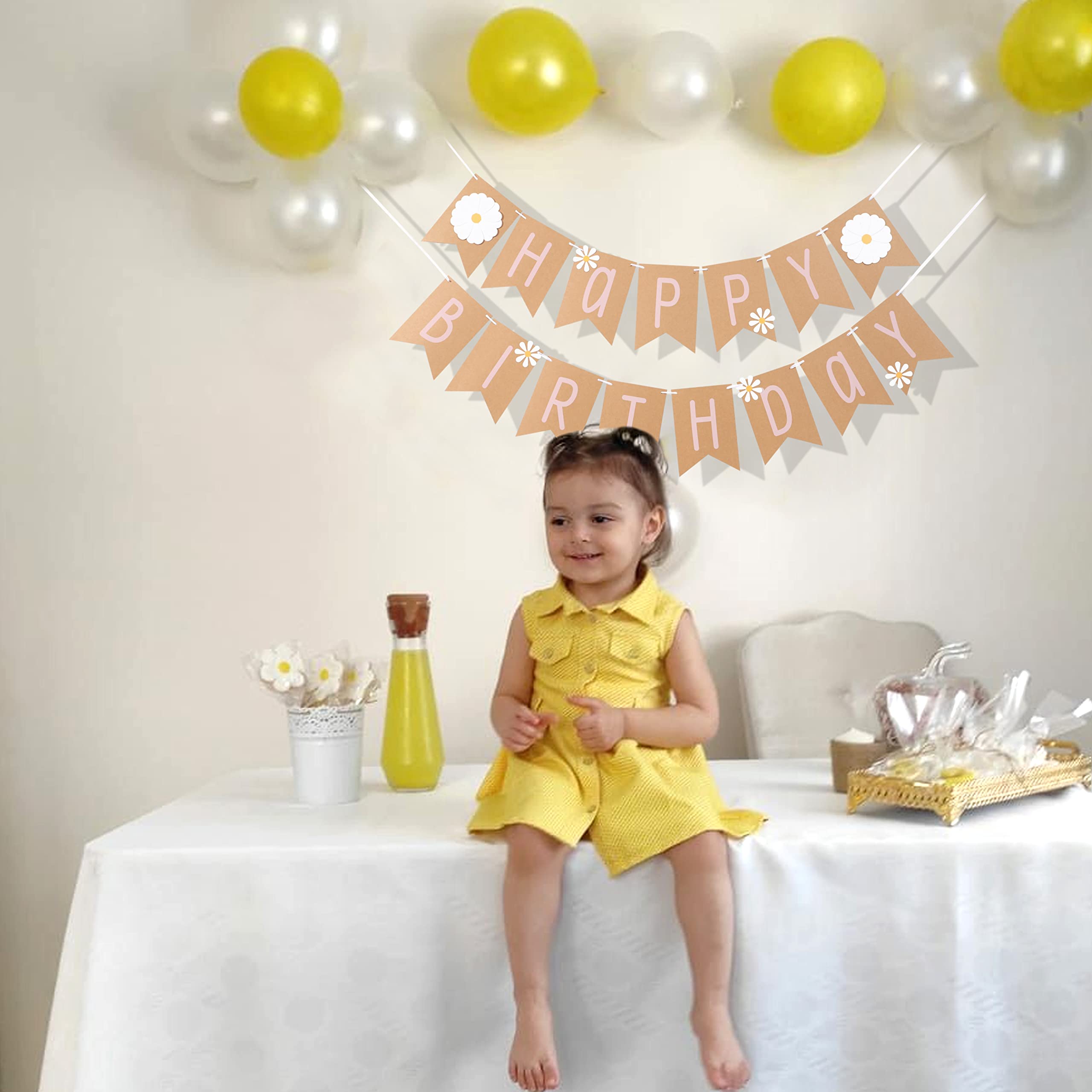 Daisy Happy Birthday Banner - Daisy Theme Birthday,Wildflower Birthday Banner, Groovy Birthday Theme for 1st Birthday, Daisy Themed Birthday Party Decoration Banne，Girl 1st Birthday Decoration