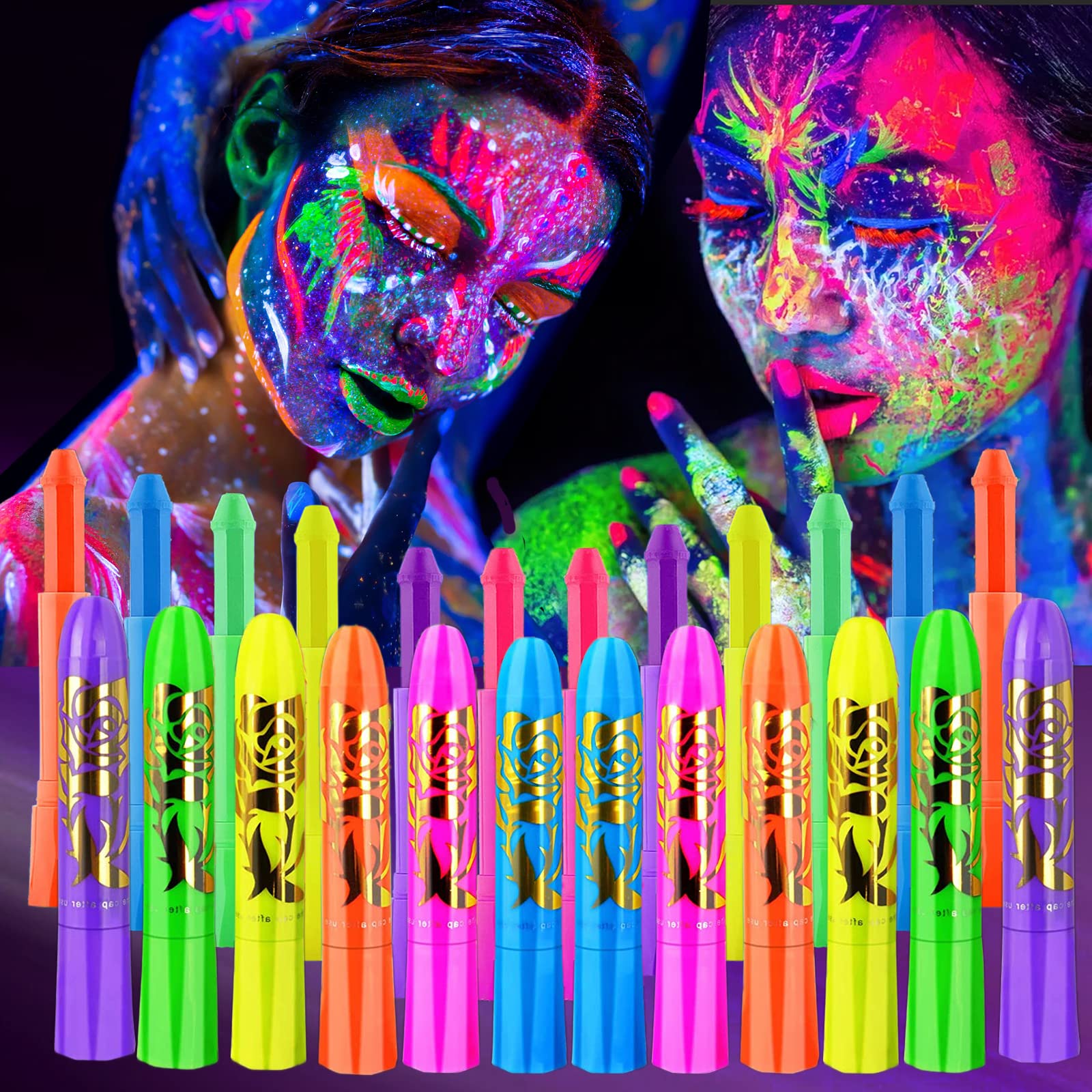 12 PCS Glow Face Body Paint, Glow In The Dark Under UV Black Light Sticks Makeup Neon Face Painting Kits for Kids Adult Halloween Festival Accessory Glow Party Supplies