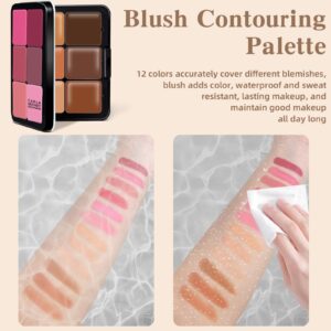 HOSAILY Cream Blush & Concealer Palette, 12 Colors, Long Wearing, Smudge Proof, Blendable Matte Finish, Face Makeup (02)