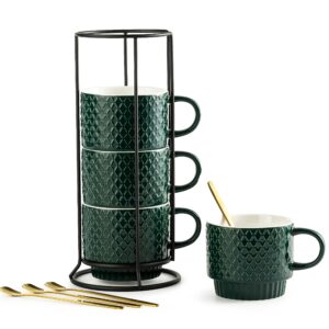 LYEOBOH Coffee Mug Set Porcelain Stackable Coffee Mugs with Stand and Spoons, 13 OZ. Cappuccino Cup Demitasse Cups for Drinks, Espresso, Latte,Set of 4, Dark Green