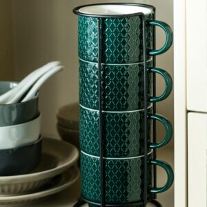 LYEOBOH Coffee Mug Set Porcelain Stackable Coffee Mugs with Stand and Spoons, 13 OZ. Cappuccino Cup Demitasse Cups for Drinks, Espresso, Latte,Set of 4, Dark Green
