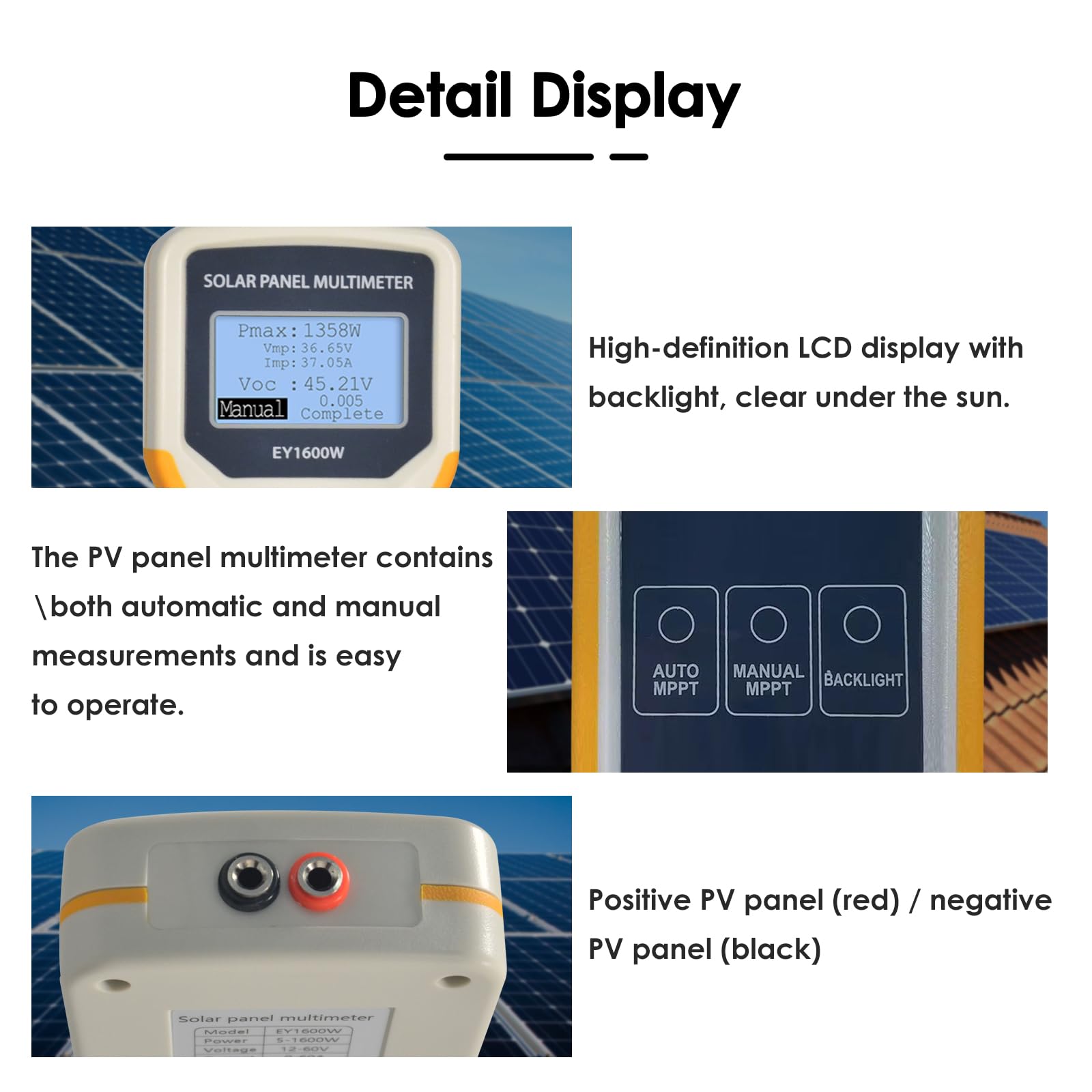 Solar Panel Tester, 1600W Photovoltaic Panel Multimeter Manual/Auto MPPT Tester with Backlight, Solar Panel Powered, LCD Multimeter for Measuring The MAX Power of Photovoltaic Panels, Voltage Tester