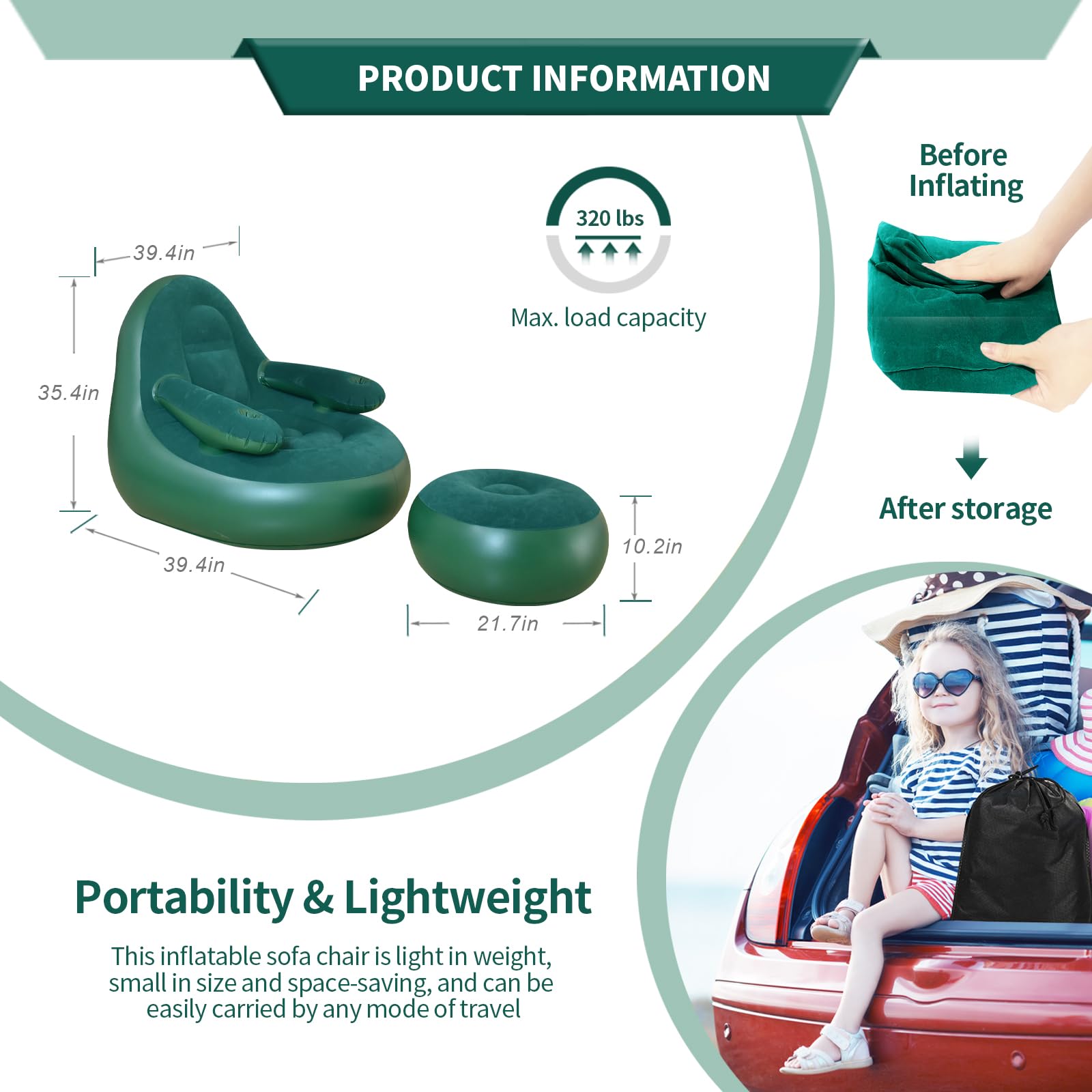 Inflatable Couch,Blow Up Chair,Portable Lounger Chair,Inflatable Chair with Armrest ＆Cup Holder,Inflatable Furniture for Camping,Fishing,Party,Beach,Sunbathing,Hiking