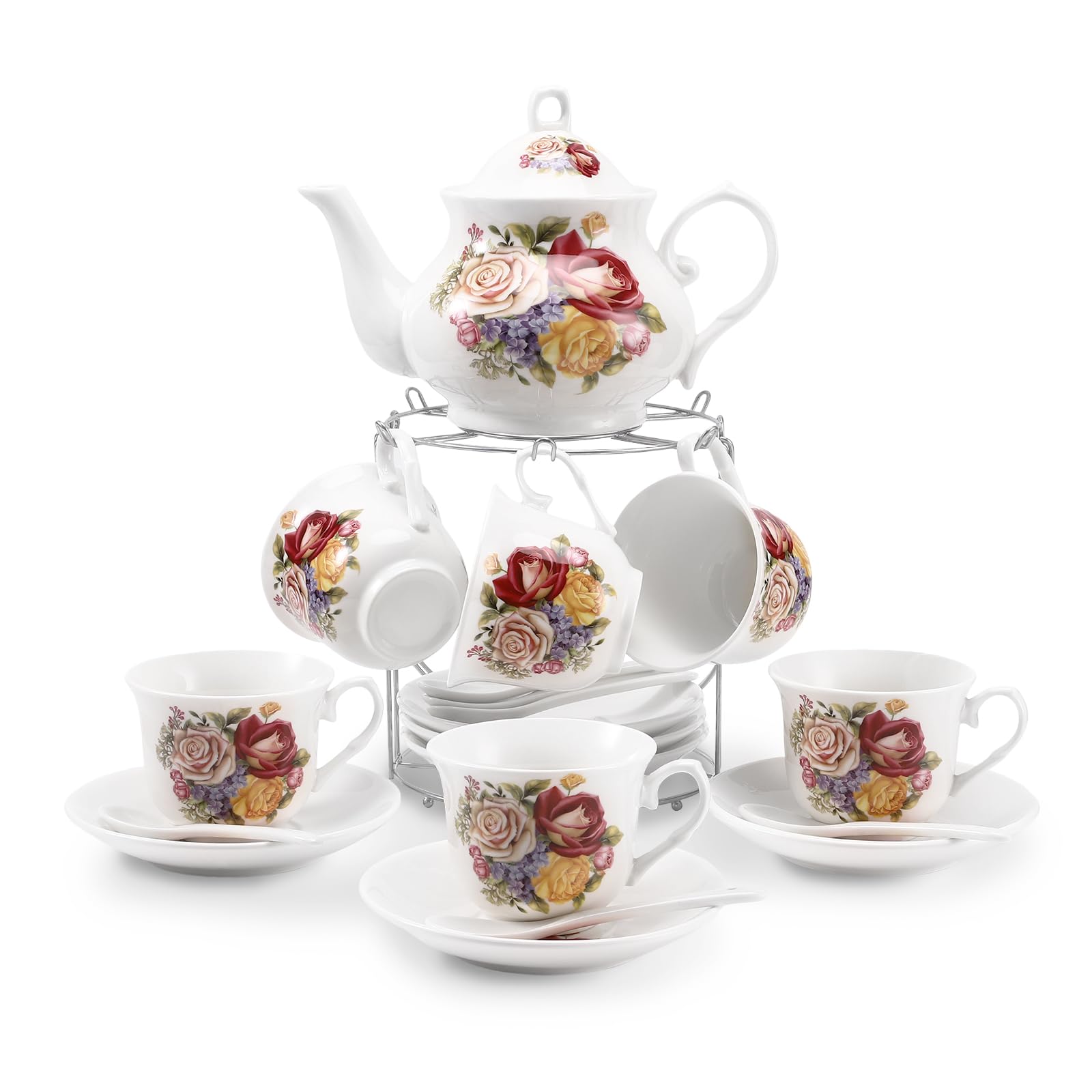 Tea Sets 20-Piece Coffee (7oz) Tea Cup Set Ceramic Vintage Flower European Style,Tea Set for Women Tea Party Afternoon (28oz) Teapot Set Tea Supplies Tea Cup and Saucer Set