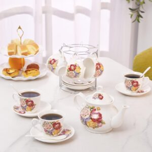 Tea Sets 20-Piece Coffee (7oz) Tea Cup Set Ceramic Vintage Flower European Style,Tea Set for Women Tea Party Afternoon (28oz) Teapot Set Tea Supplies Tea Cup and Saucer Set