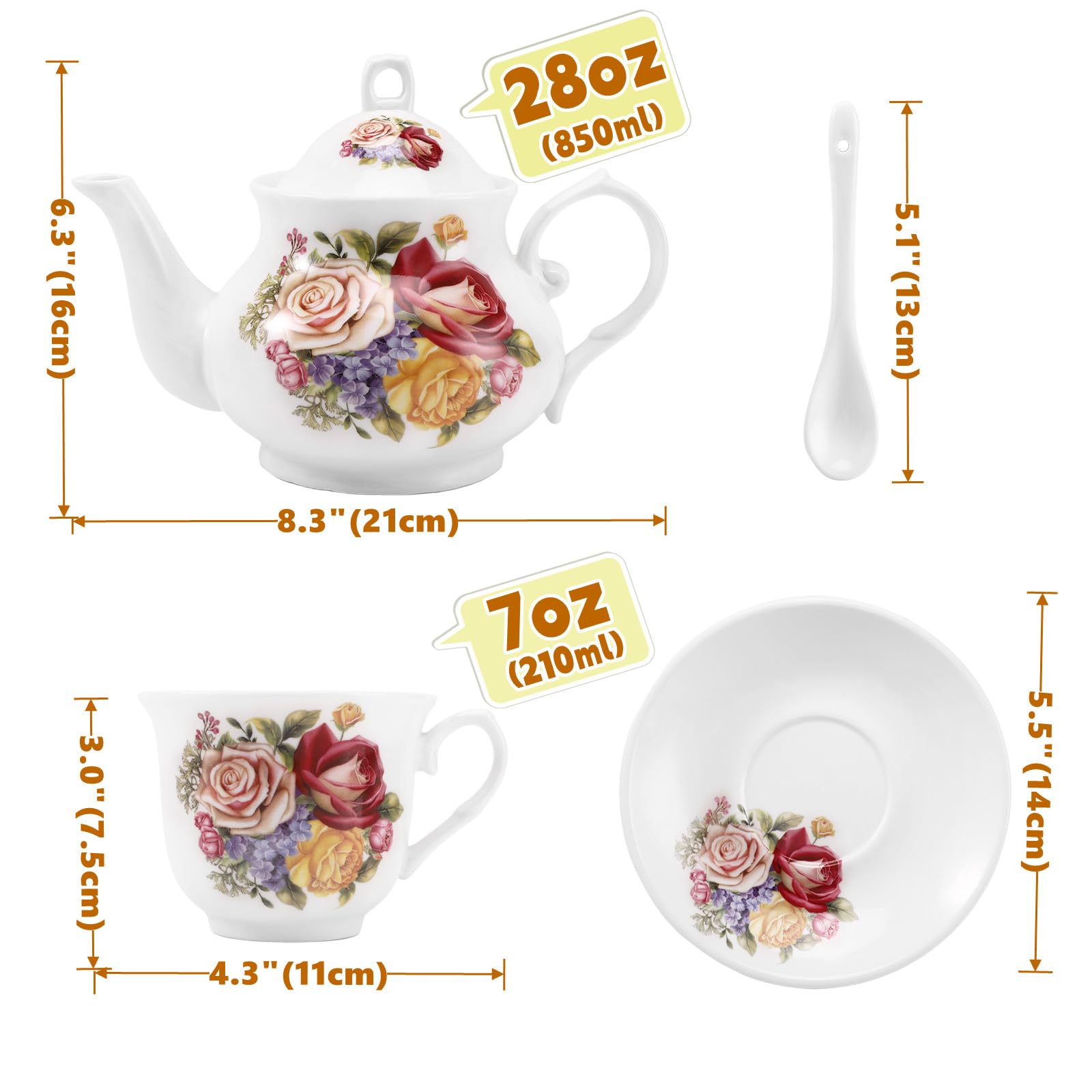 Tea Sets 20-Piece Coffee (7oz) Tea Cup Set Ceramic Vintage Flower European Style,Tea Set for Women Tea Party Afternoon (28oz) Teapot Set Tea Supplies Tea Cup and Saucer Set