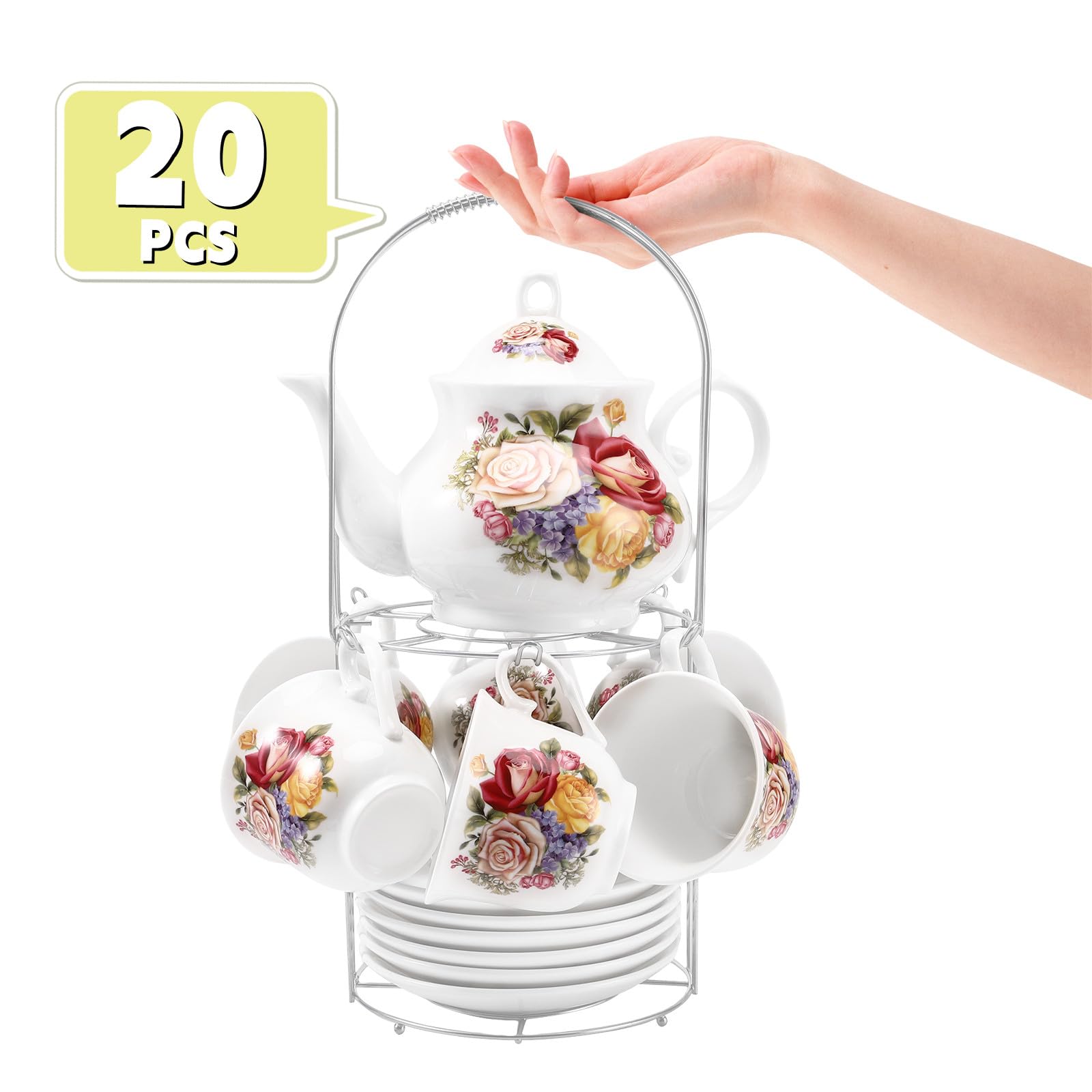 Tea Sets 20-Piece Coffee (7oz) Tea Cup Set Ceramic Vintage Flower European Style,Tea Set for Women Tea Party Afternoon (28oz) Teapot Set Tea Supplies Tea Cup and Saucer Set