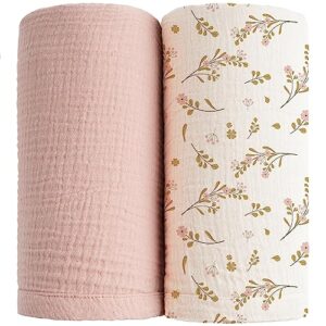 konssy 2 pack muslin swaddle blankets for baby boys girls, receiving blanket large 47 x 47 inches, soft breathable muslin baby blanket for unisex newborn(pink, floral)