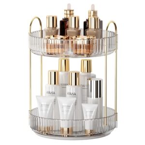 YCIA&DONE 360 Rotating Makeup Organizer and Storage for Vanity Countertop 2 Tiers, High Capacity Cosmetic Skincare Perfume Organizer for Dresser Bathroom Lazy Susan Organizers(Clear White)