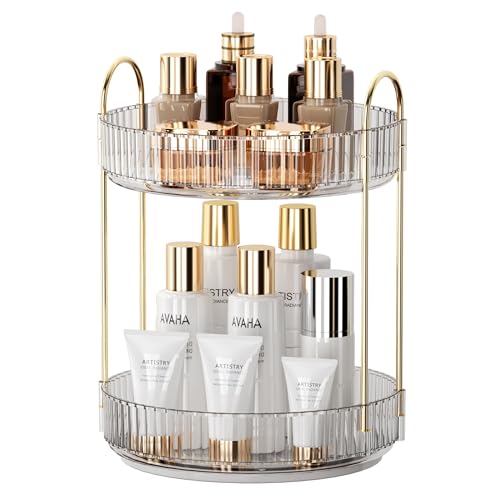 YCIA&DONE 360 Rotating Makeup Organizer and Storage for Vanity Countertop 2 Tiers, High Capacity Cosmetic Skincare Perfume Organizer for Dresser Bathroom Lazy Susan Organizers(Clear White)