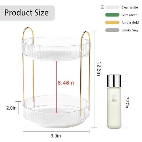 YCIA&DONE 360 Rotating Makeup Organizer and Storage for Vanity Countertop 2 Tiers, High Capacity Cosmetic Skincare Perfume Organizer for Dresser Bathroom Lazy Susan Organizers(Clear White)