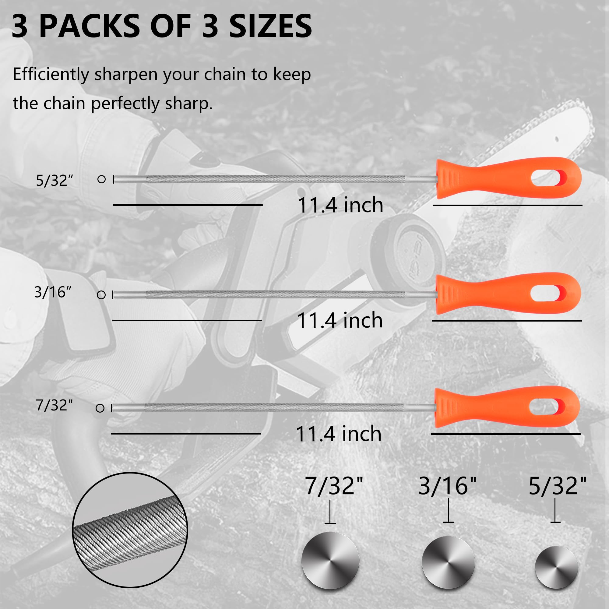 Restoo 3 Pack Chainsaw Sharpener File Kit for Sharpening Chainsaw Chain, Durable Steel Chain Saw Sharpener Tool Accessories with Hard Plastic Handle (3 Pack, 5/32, 7/32, 3/16 inch)