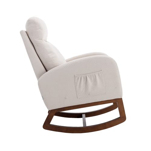 Zaboro Rocking Chair with Side Pocket, Rocker Glider Chair with Wood Base, Uplostered Armchair with High Backrest, Sofa Chair, Side Chair for Living Room Bedroom Office