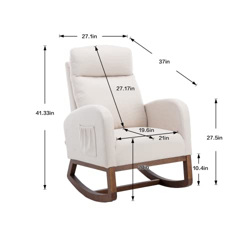 Zaboro Rocking Chair with Side Pocket, Rocker Glider Chair with Wood Base, Uplostered Armchair with High Backrest, Sofa Chair, Side Chair for Living Room Bedroom Office