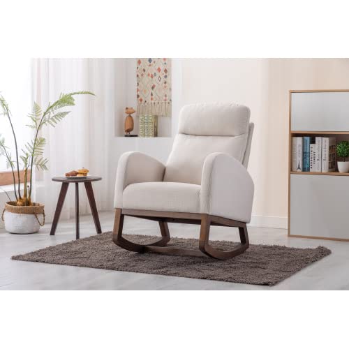 Zaboro Rocking Chair with Side Pocket, Rocker Glider Chair with Wood Base, Uplostered Armchair with High Backrest, Sofa Chair, Side Chair for Living Room Bedroom Office