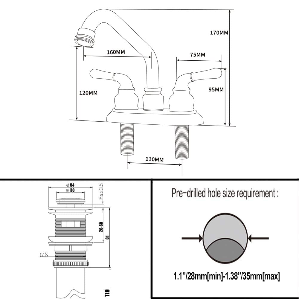 Chrome Laundry Sink Faucet 4 Inch Centerset 2 Handles 2-3 Holes by Kadilac, with 360° Swivel Swing Threaded Spout and Water Supply Line, BF027-8-C