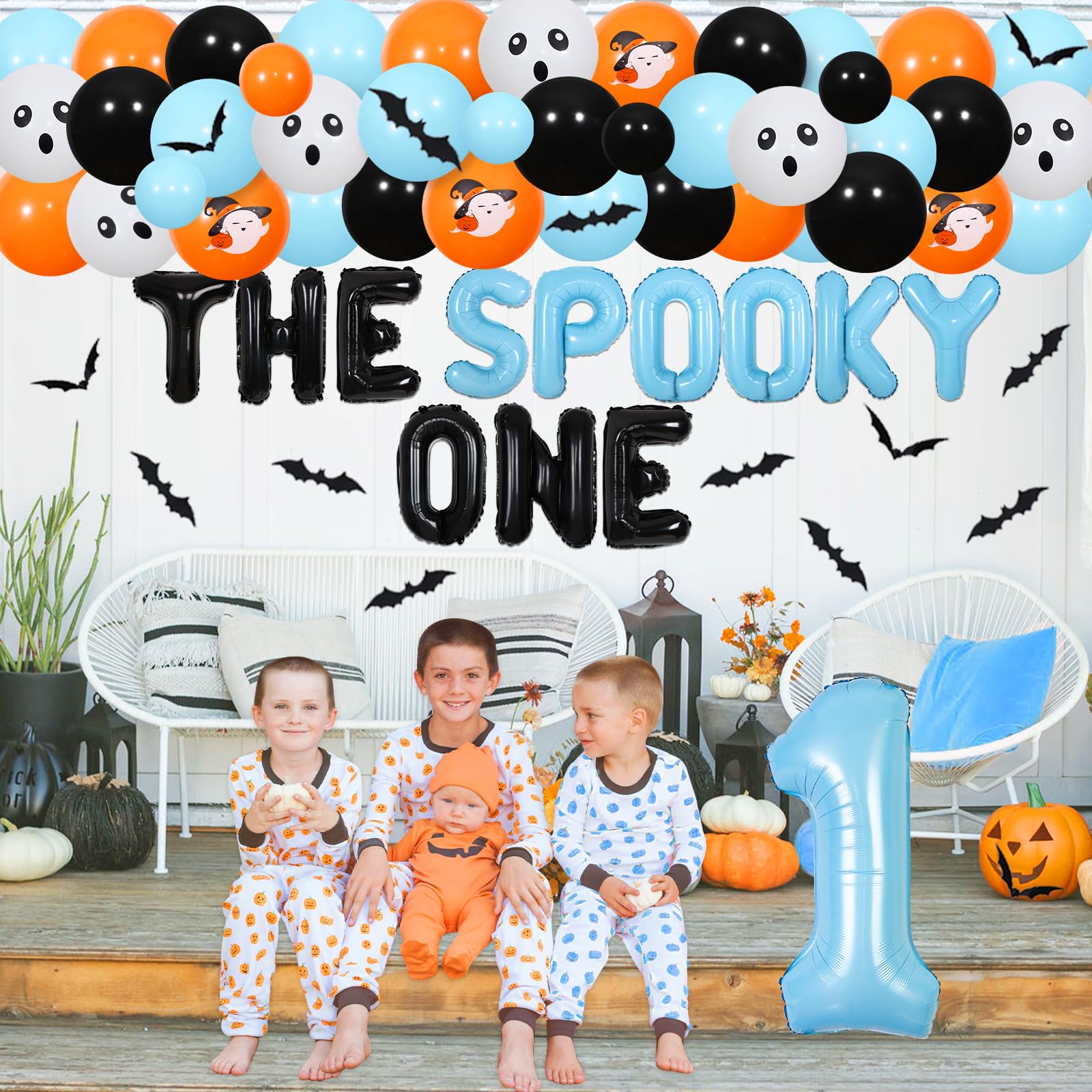 Kreatwow Spooky One Halloween Birthday Decorations Blue Orange Halloween 1st Party for Boys the Spooky One Balloon Banner Number 1 Ghost Bats Balloon Garland for First Halloween Birthday