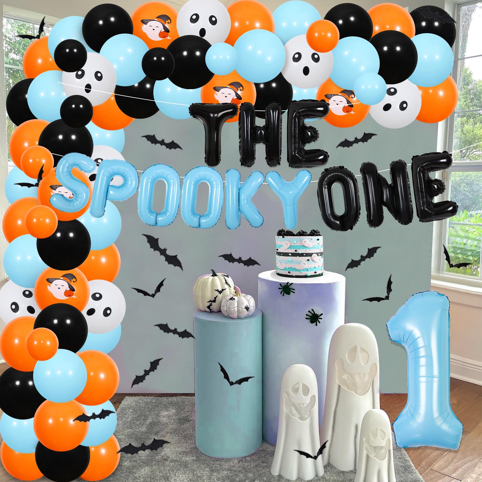 Kreatwow Spooky One Halloween Birthday Decorations Blue Orange Halloween 1st Party for Boys the Spooky One Balloon Banner Number 1 Ghost Bats Balloon Garland for First Halloween Birthday