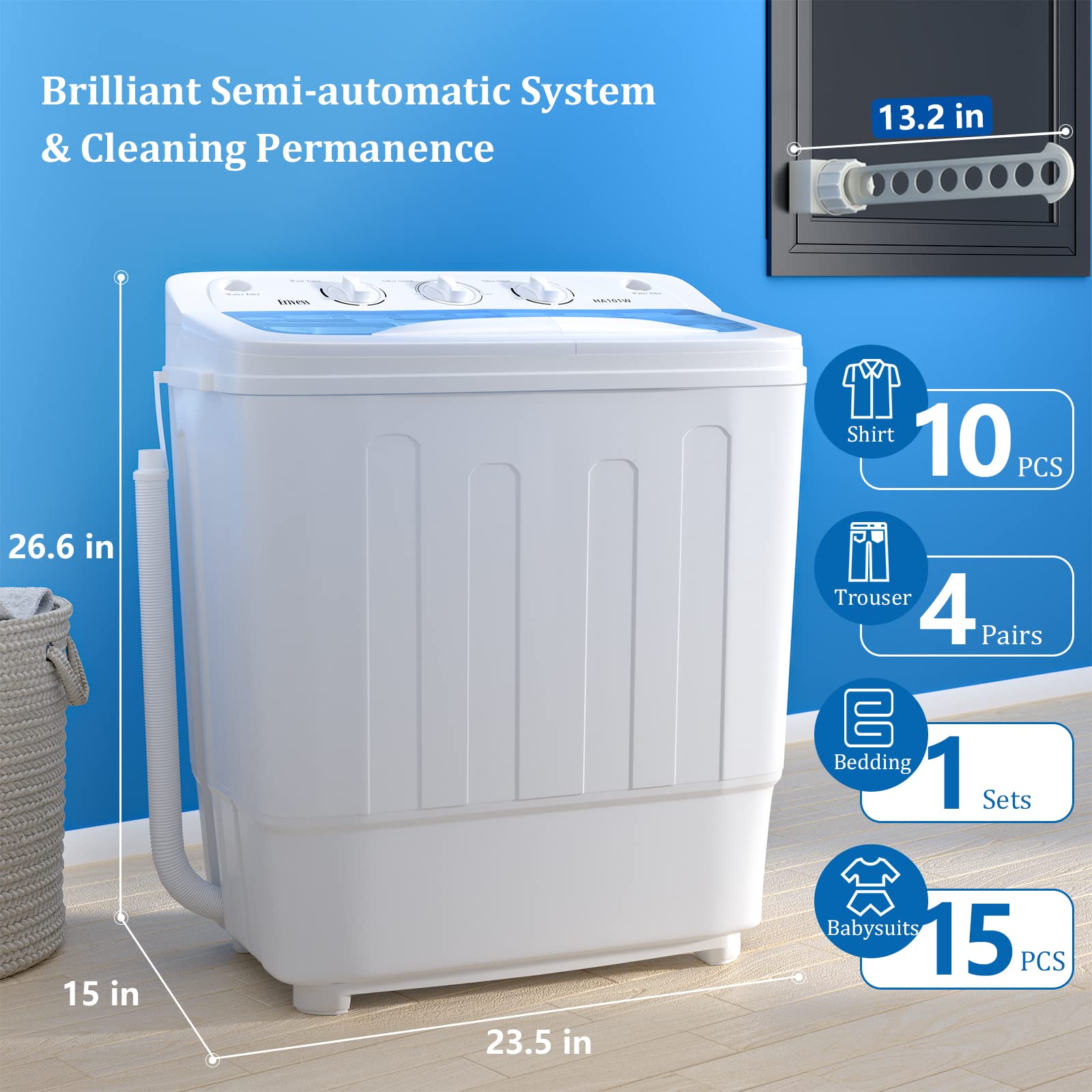 Erivess Portable Twin Tub Washing Machine, Buy 1(washer) Get 1(Dry Rack) Free! 11lbs Washer Mini Compact Laundry Machine and 7lbs Spinner, Semi-automatic Washer Combo for Dorms, Apartments(white)