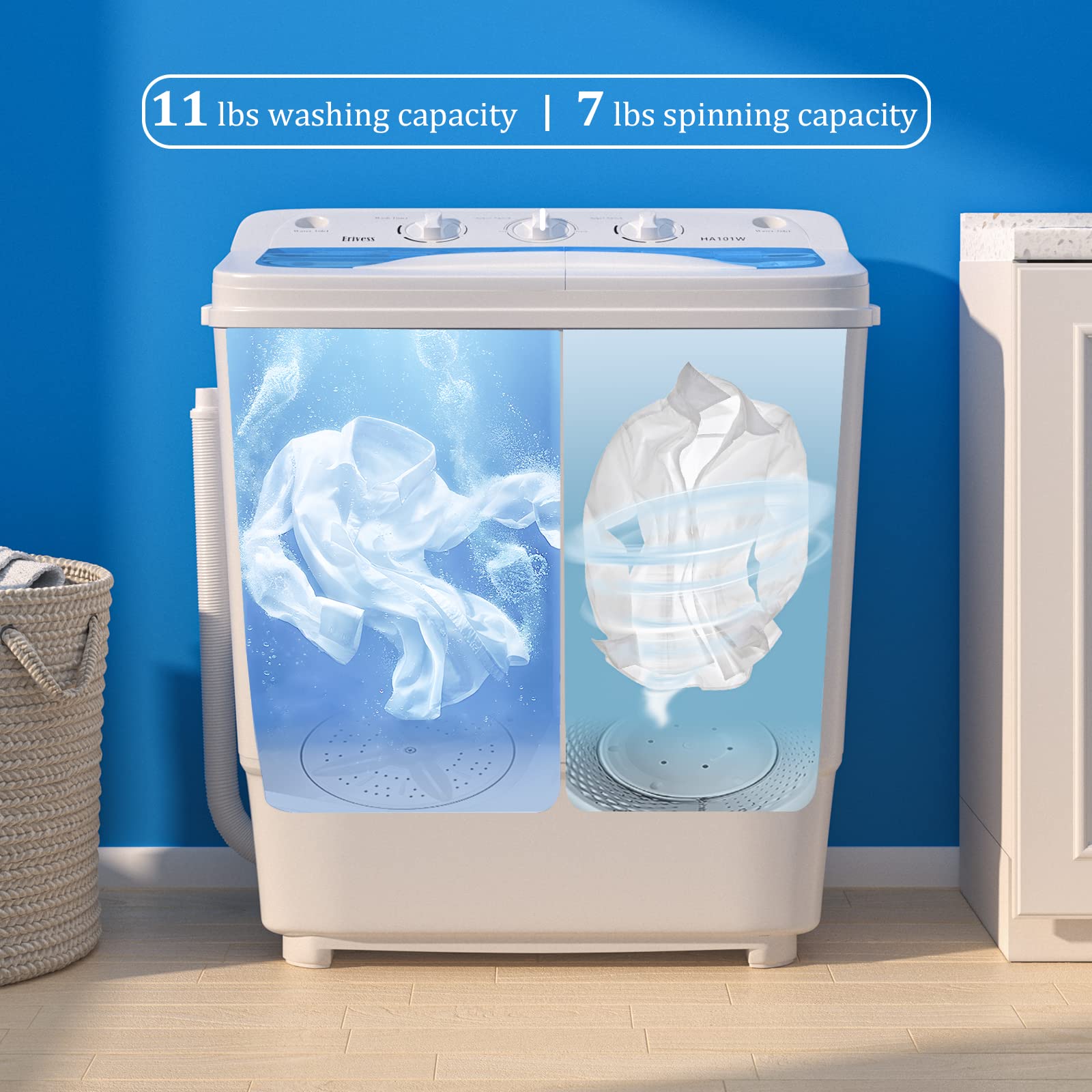 Erivess Portable Twin Tub Washing Machine, Buy 1(washer) Get 1(Dry Rack) Free! 11lbs Washer Mini Compact Laundry Machine and 7lbs Spinner, Semi-automatic Washer Combo for Dorms, Apartments(white)