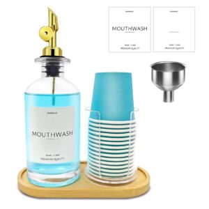 mouthwash dispenser & cup holder set - 12 oz refillable glass container with pour spout, wood tray, funnel & waterproof label