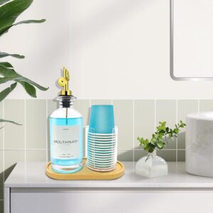 Mouthwash Dispenser & Cup Holder Set - 12 Oz Refillable Glass Container with Pour Spout, Wood Tray, Funnel & Waterproof Label