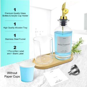 Mouthwash Dispenser & Cup Holder Set - 12 Oz Refillable Glass Container with Pour Spout, Wood Tray, Funnel & Waterproof Label