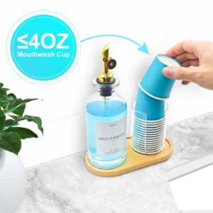 Mouthwash Dispenser & Cup Holder Set - 12 Oz Refillable Glass Container with Pour Spout, Wood Tray, Funnel & Waterproof Label