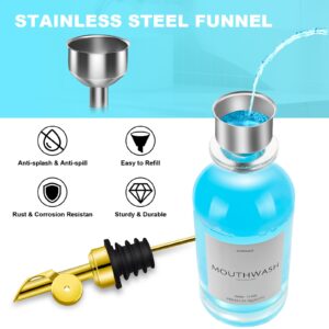 Mouthwash Dispenser & Cup Holder Set - 12 Oz Refillable Glass Container with Pour Spout, Wood Tray, Funnel & Waterproof Label