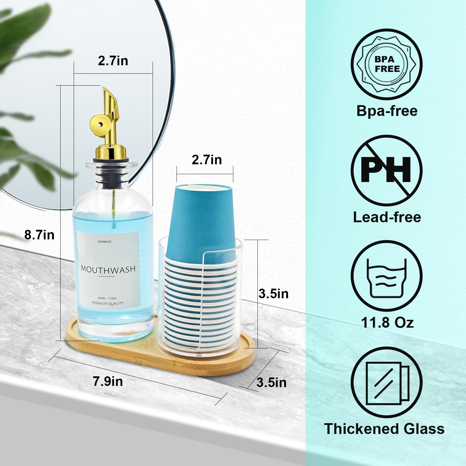 Mouthwash Dispenser & Cup Holder Set - 12 Oz Refillable Glass Container with Pour Spout, Wood Tray, Funnel & Waterproof Label