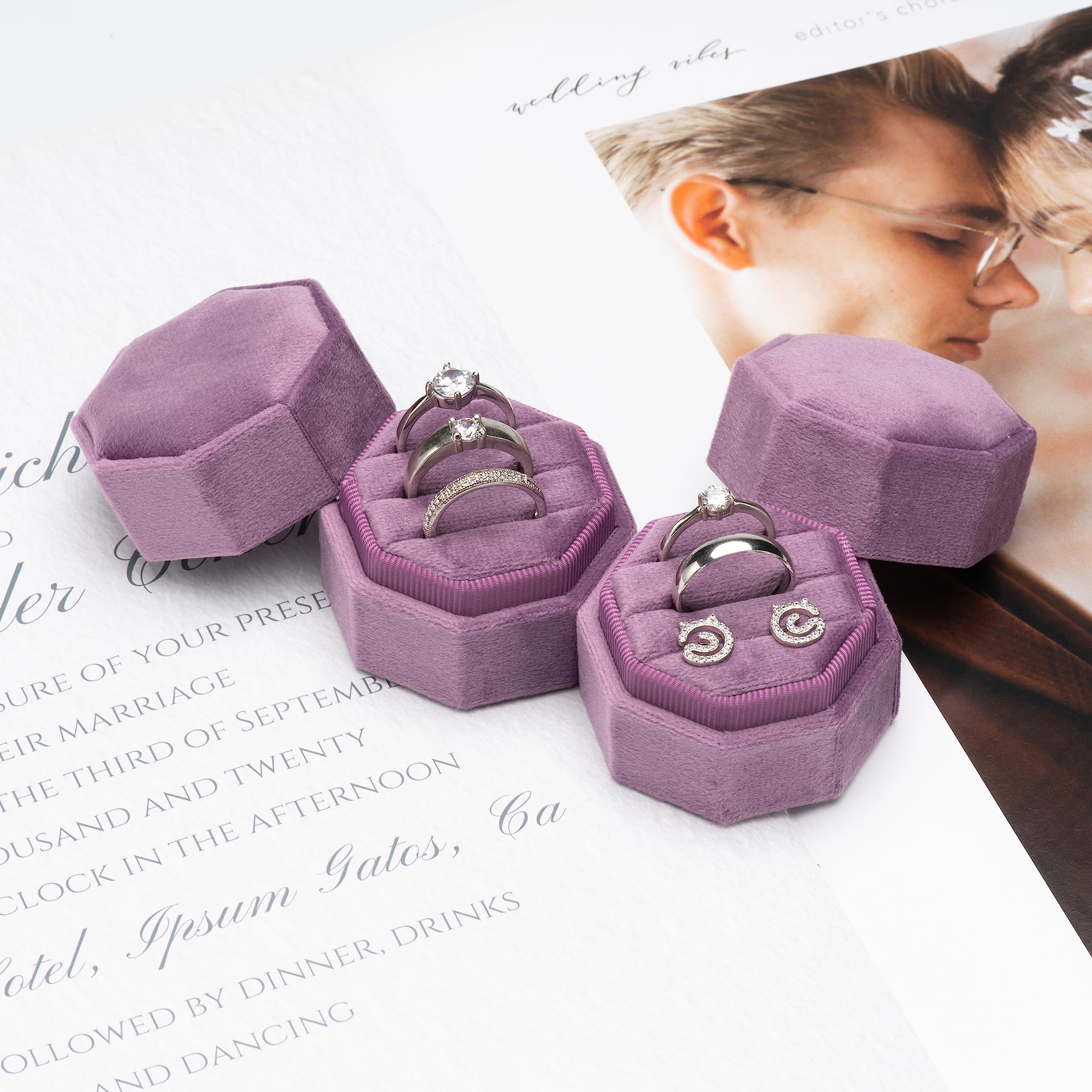 Giftop Equal Octagon Velvet Ring Box Storage 3 Slots for Wedding Ceremony Proposal Engagement Birthday Gift (Purple)