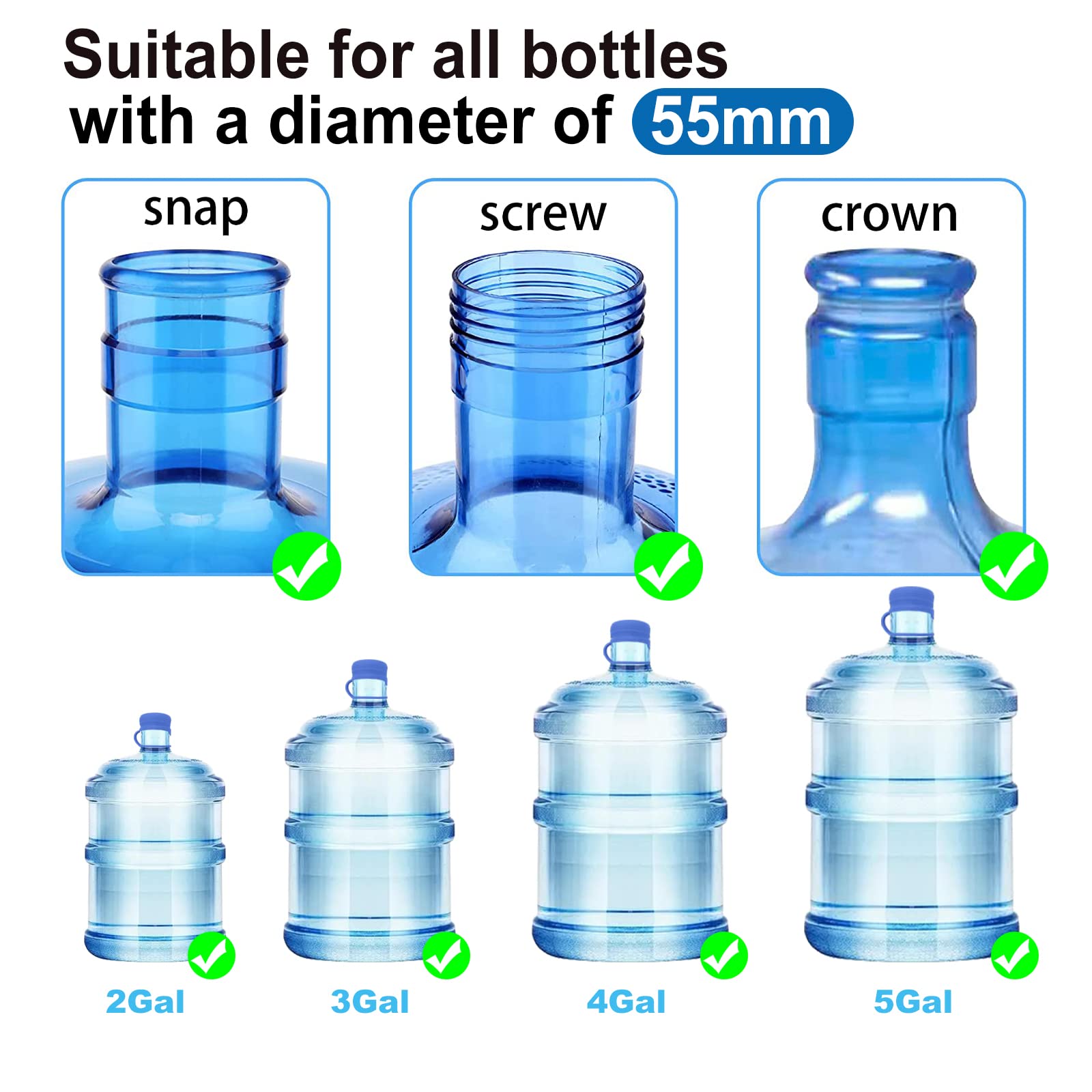 3 & 5 Gallon Water Jug Cap Reusable, Food Grade Silicone Replacement Gallon Caps for 55mm Standard/Screw/Crown Tops Water Bottle and Water Dispensers, Non-Spill Lids for Anti-Splash, Leak Free (3PCS)