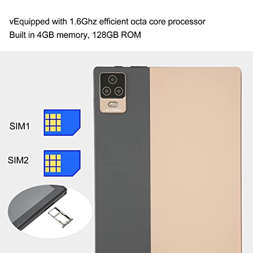 ciciglow 10.1in Table PC, WiFi Tablet Octa Core Chip 4G RAM 128G ROM, 2.4G 5G Dual SIM Dual Standby 7000mAh Battery Gold Tablet with Dual Speakers (US Plug)