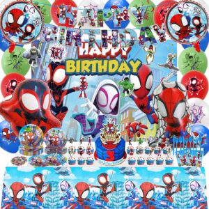 174 pcs amazing friends birthday decorations, include banner, backdrop, balloons, tablecloth, spidey plates, for amazing friends theme birthday party decorations (serve 10 guest)