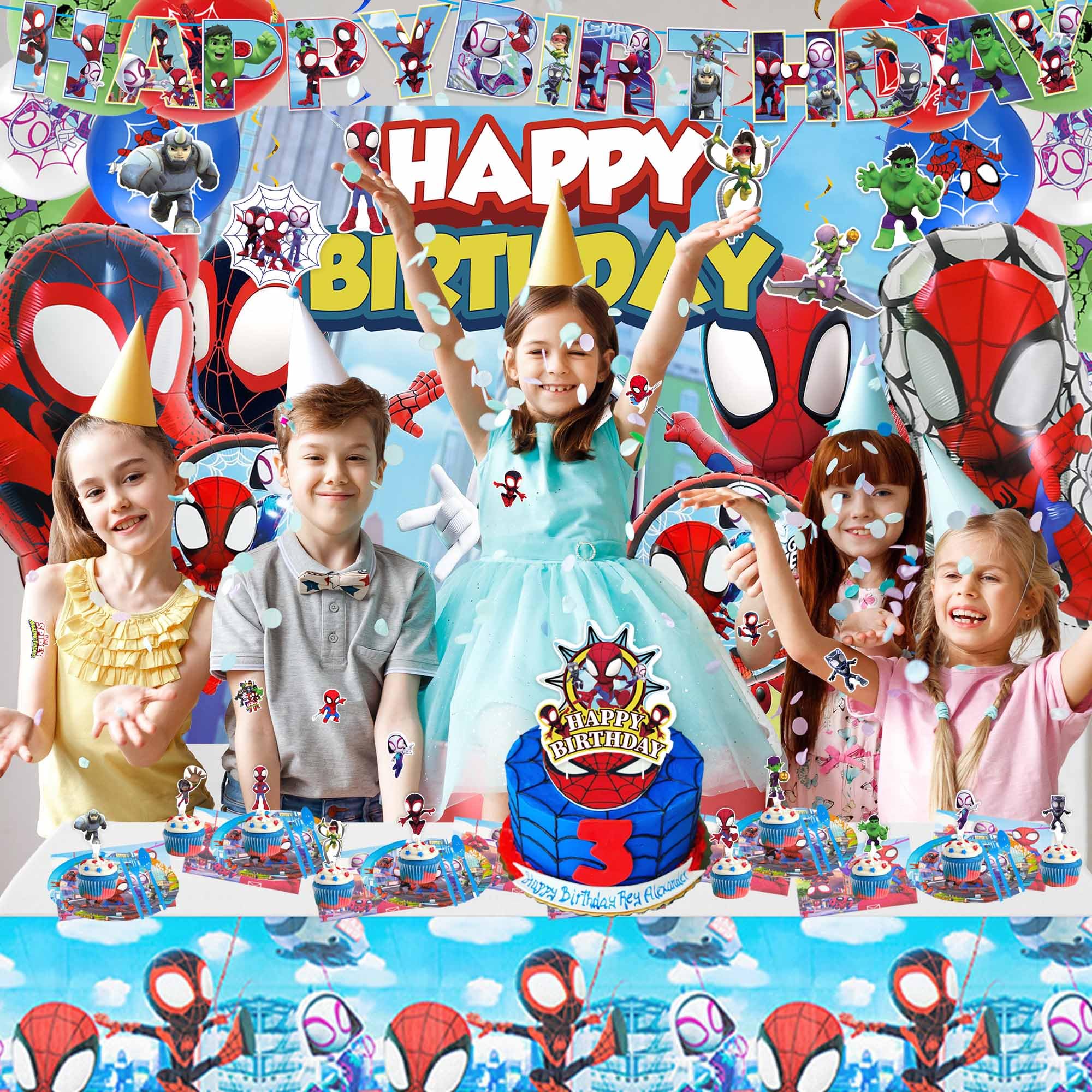 174 Pcs Amazing Friends Birthday Decorations, Include Banner, Backdrop, Balloons, Tablecloth, Spidey Plates, for Amazing Friends Theme Birthday Party Decorations (Serve 10 Guest)