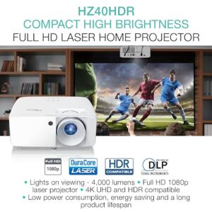 Optoma HZ40HDR Compact Long Throw Laser Home Theater and Gaming Projector, 1080p HD with 4K HDR Input, High Bright 4,000 Lumens