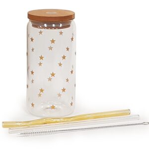 Glass Cups with Bamboo Lids and Straws - Drinking Glasses with Glass Straw, Glass Tumbler with Straw and Lid, Glass Coffee Mugs with Lids, Cute Glass Cups with Lids and Straws, Glass Coffee Cup (4)