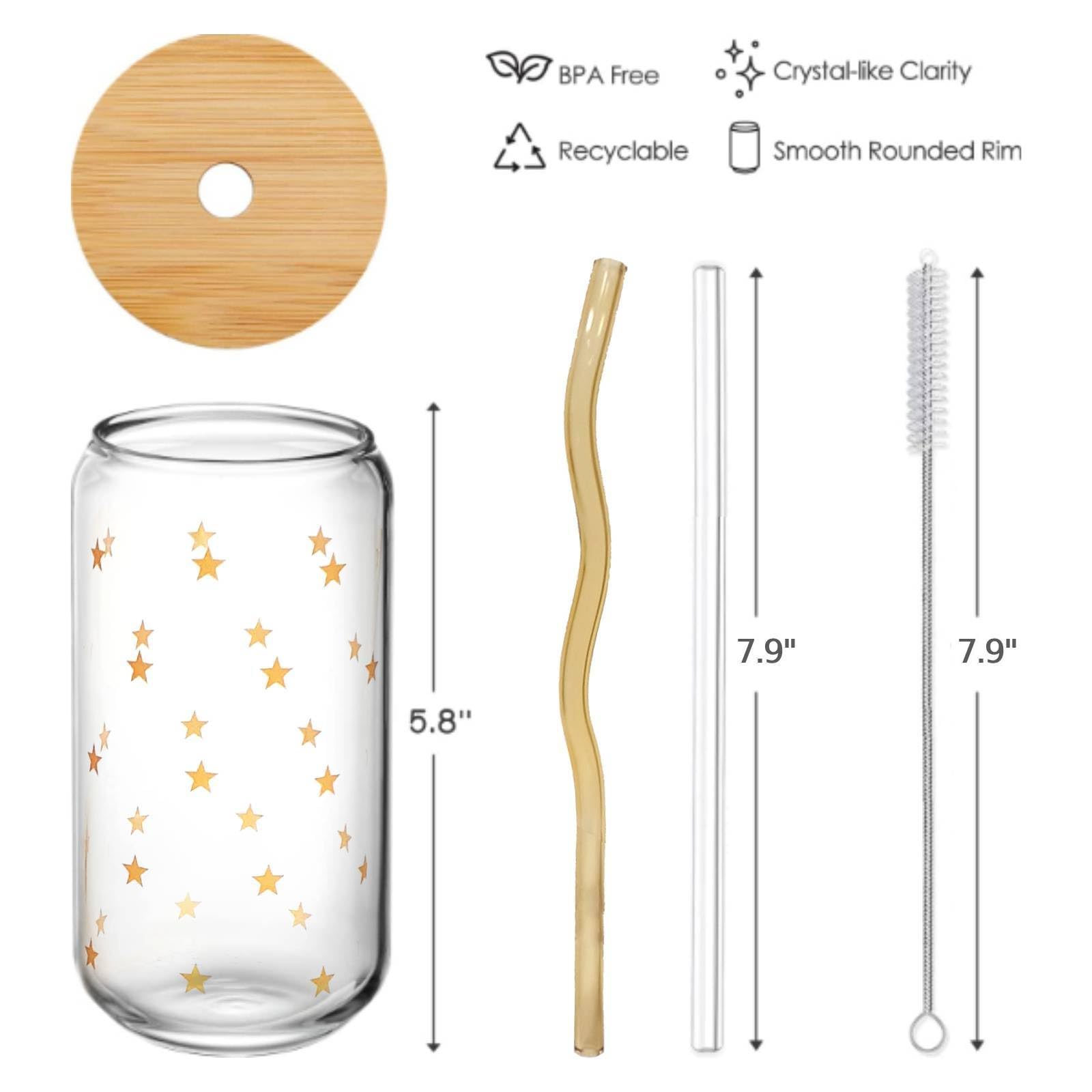 Glass Cups with Bamboo Lids and Straws - Drinking Glasses with Glass Straw, Glass Tumbler with Straw and Lid, Glass Coffee Mugs with Lids, Cute Glass Cups with Lids and Straws, Glass Coffee Cup (4)