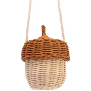 Jerys Rattan Storage Basket Bag, Cute Acorn Shaped Kids Rattan Storage Basket Hand Woven Durable Multifunctional for Girls for Outdoor (Small Shoulder Bag)