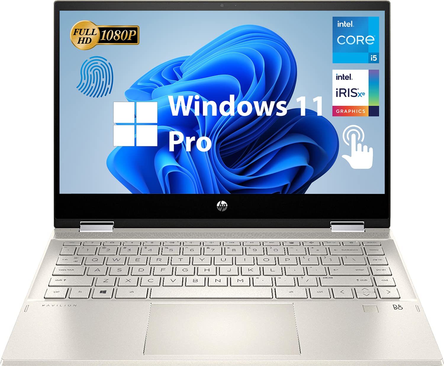 HP 2023 Pavilion 2-in-1 14" FHD Touch Screen Business Laptop, Intel Quad-Core i5-1135G7 2.4 GHz, 32GB DDR4, 1TB SSD, Fingerprint Reader, 8.5 Hours Battery, Bluetooth,WiFi, Windows 11 Pro, Gold,MarsPC